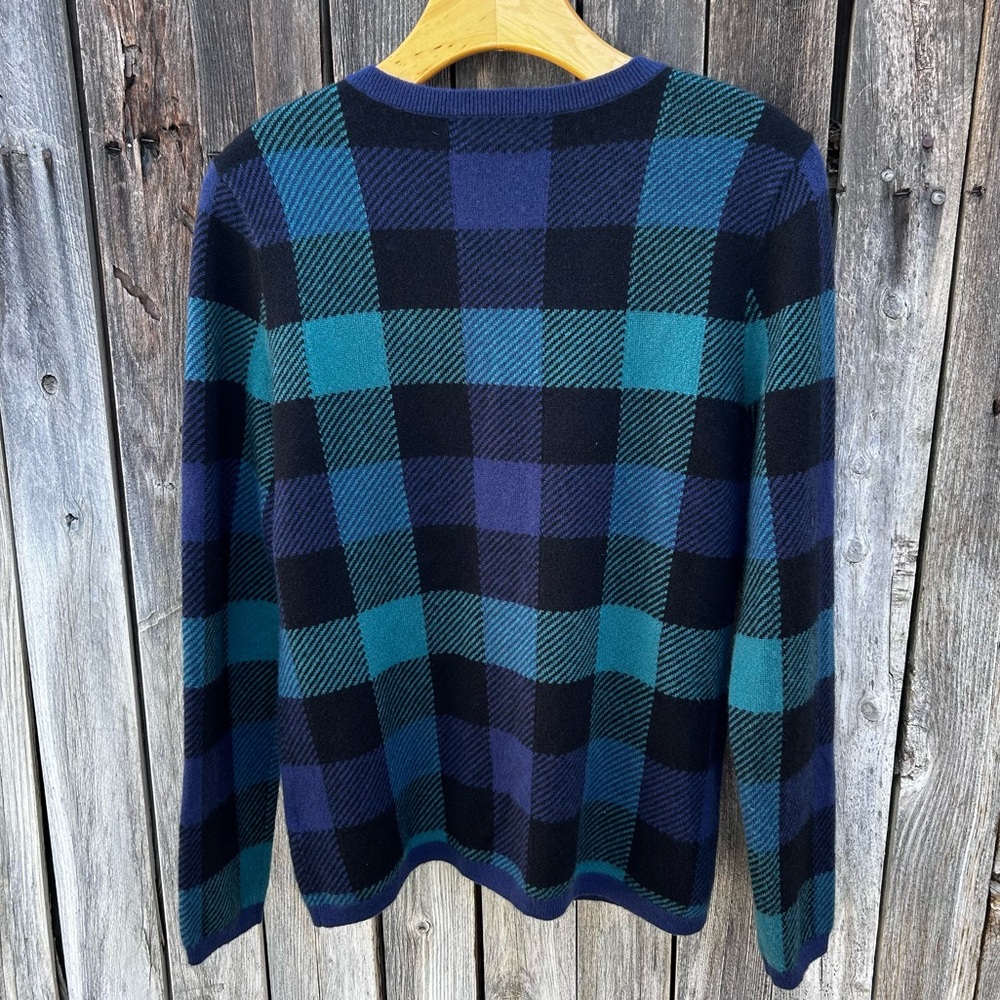 Lands’ End Plaid Cashmere Crewneck Cardigan Blue Green Black M - Picture 7 of 14